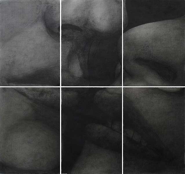 Aus der Serie MUSEUM DER SCHATTEN (), 2009; Öl, Kohle/Papier, 6-teilig, je 100 x 70 cm, gesamt: 200 x 210 cm